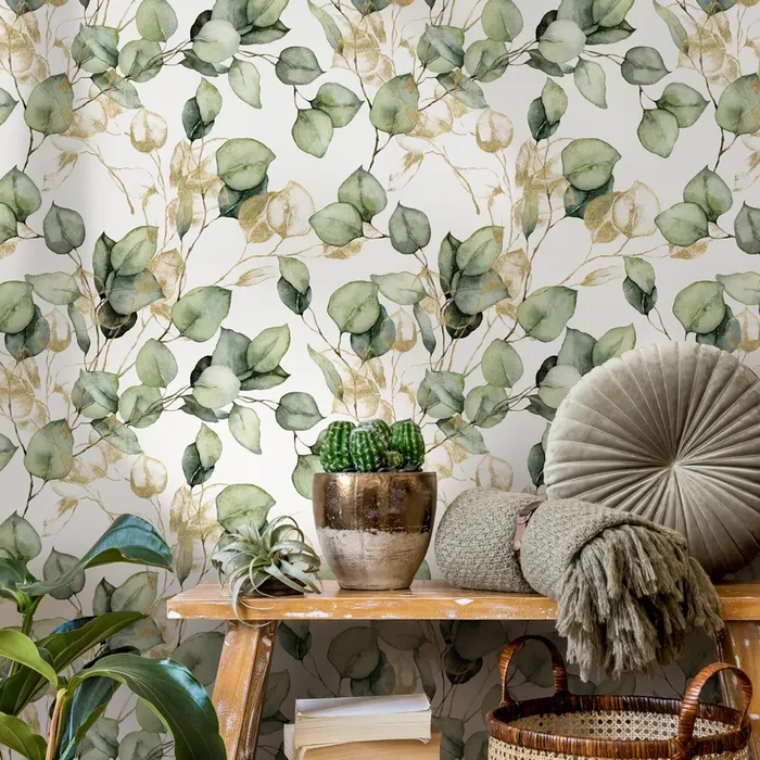 Botanical Wallpaper With Watercolor Eucalyptus Branches In Green And Gold – C410