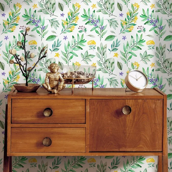 Botanical Wallpaper With Watercolor Leaves And Florals In Green, Yellow, And Purple – A708