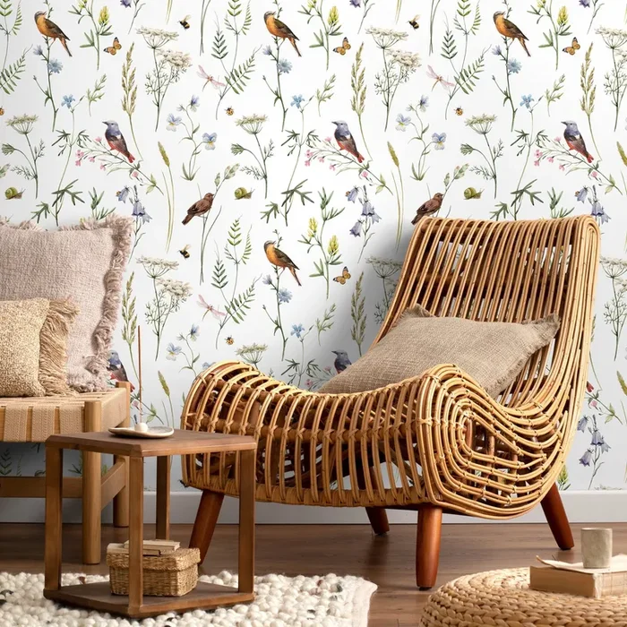 Botanical Wallpaper With Wildflowers And Birds In Green, Blue, And Orange – D993