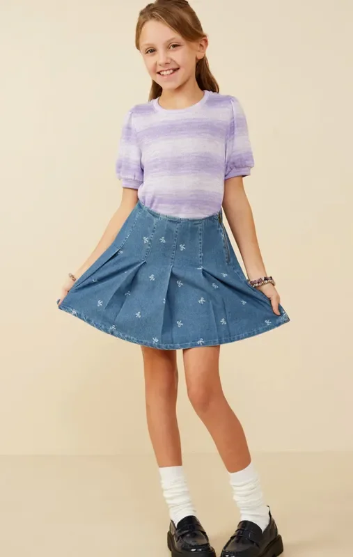 Bow Printed Pleated Skirt | Denim