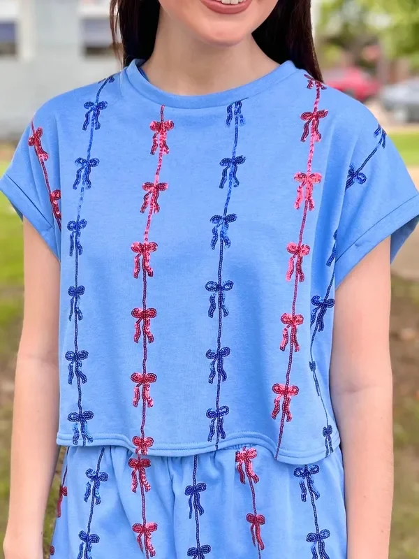 Bow Sequins Embroidered Terry Top