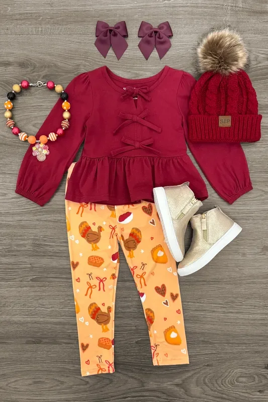 Burgundy Bow Thanksgiving Legging Set