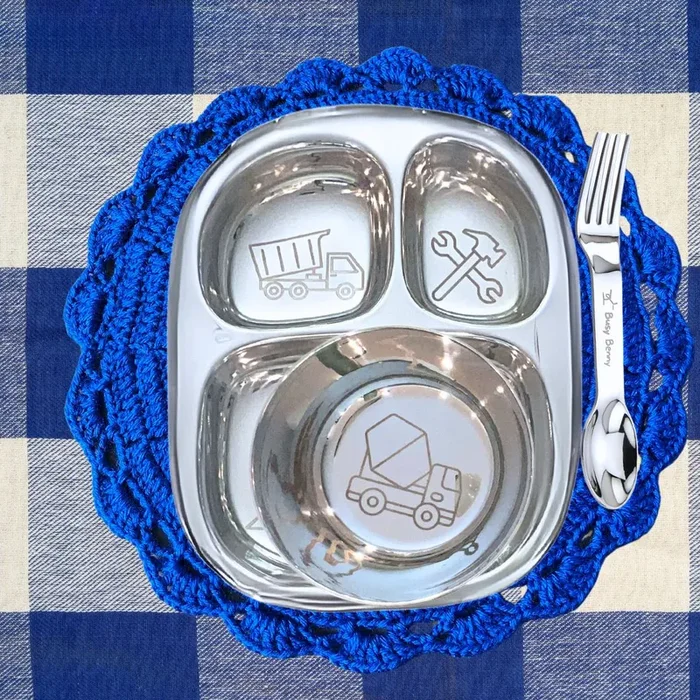 Busy Benny Truck Themed Stainless Steel Kids’ Dinnerware Set for Four