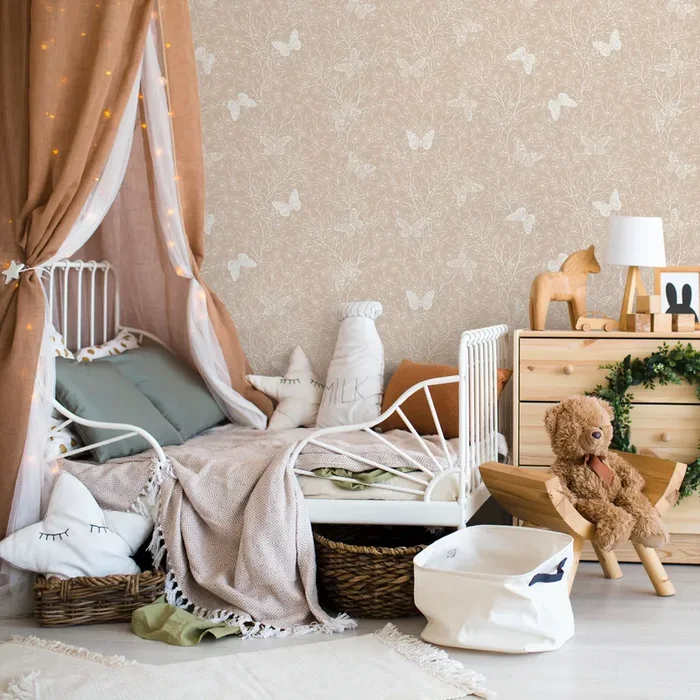 Butterfly Wallpaper With Delicate Floral Branches In Beige And White – C703