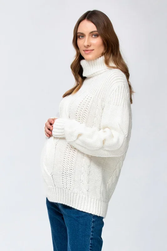 Cable-knit maternity turtleneck sweater, off-white