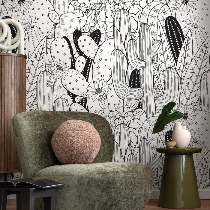 Cactus Wallpaper With A Line Art Desert Motif In Black And White – A946