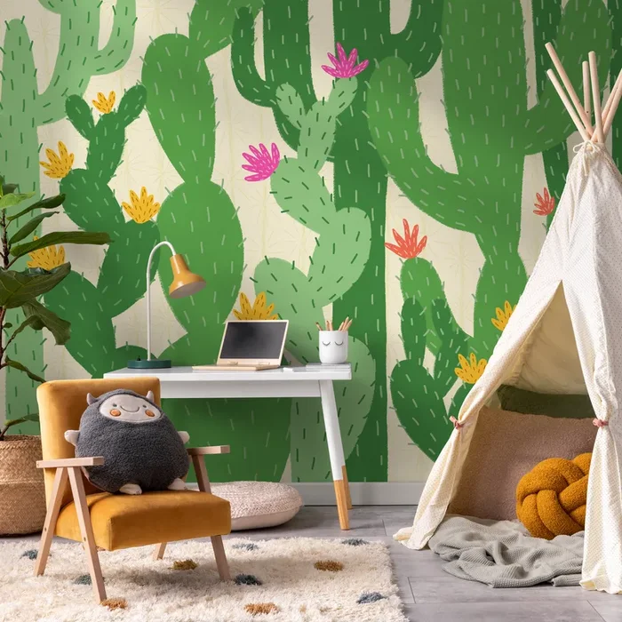 Cactus Wallpaper With Stylized Desert Flowers In Green, Pink, And Yellow – C477