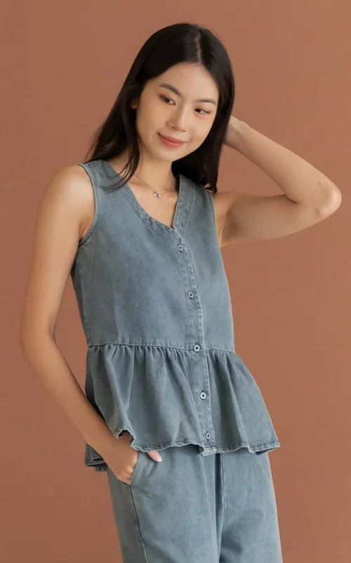 Camille Denim Peplum Buttons Top