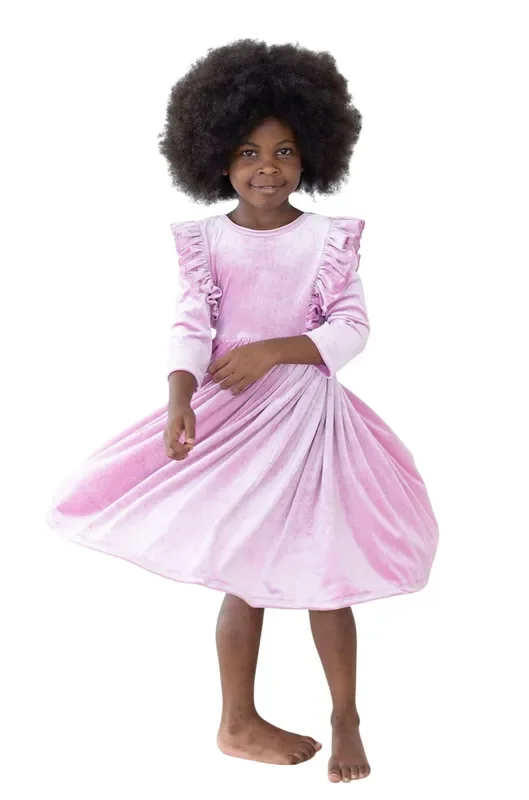Carnation Pink Velvet Ruffle Twirl Dress