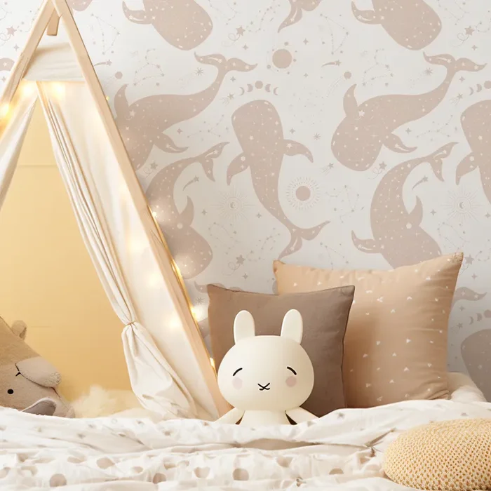 Celestial Wallpaper With Cosmic Whales And Constellations In Beige – Zaas