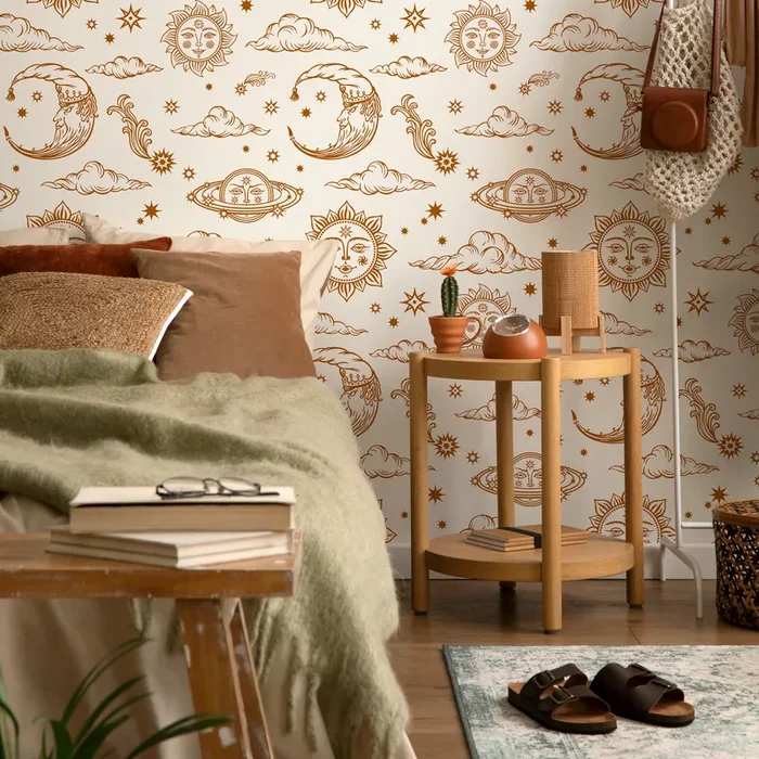 Celestial Wallpaper With Mystical Sun And Moon Motifs In Brown – Zabc