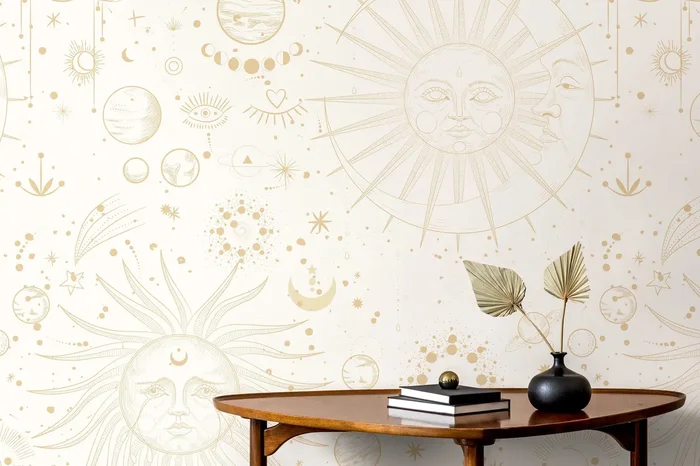 Celestial Wallpaper With Sun And Moon Motifs In Beige – D341
