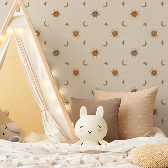 Celestial Wallpaper With Sun, Moon, And Stars In Orange, Brown, And Gray – Zaca