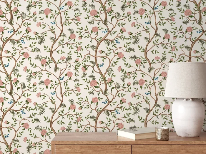 Chinoiserie Wallpaper With A Blooming Tree Motif In Pink, Blue, And Green – D502