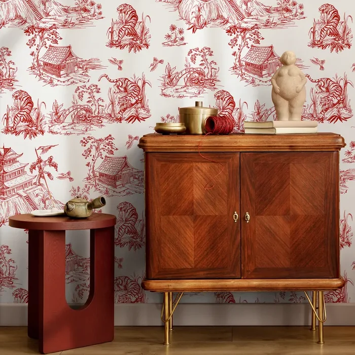 Chinoiserie Wallpaper With A Tiger And Pagoda Toile Motif In Red – C105