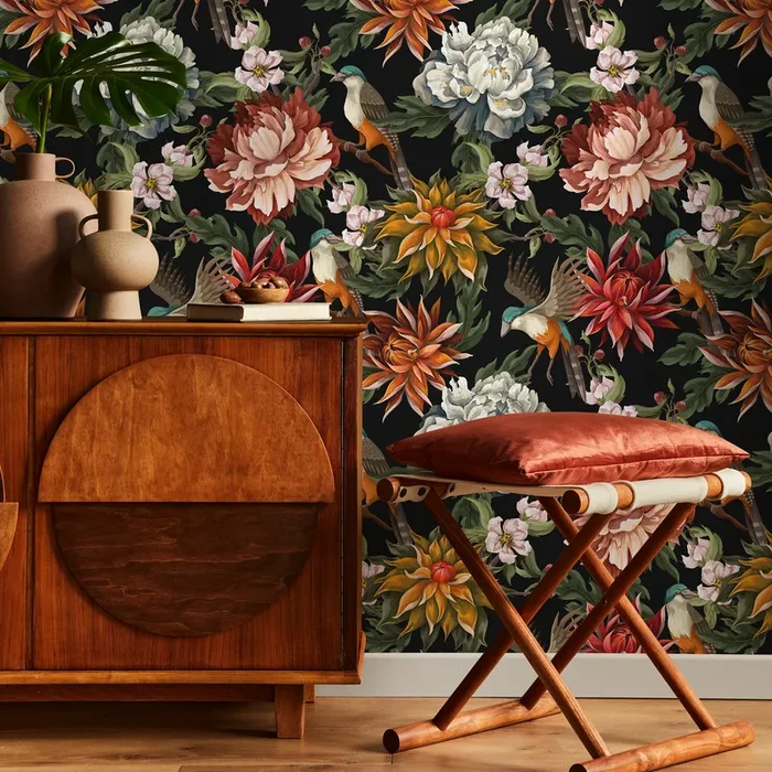 Chinoiserie Wallpaper With Birds And Peonies In Red, Orange And Black – C727