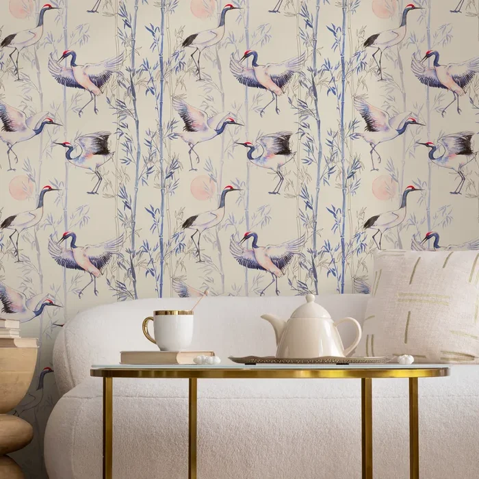 Chinoiserie Wallpaper With Cranes And Bamboo In Blue, Beige, And Red – C573