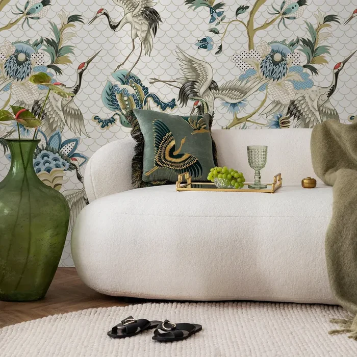 Chinoiserie Wallpaper With Elegant Cranes In Blue, Green, And Beige – A908