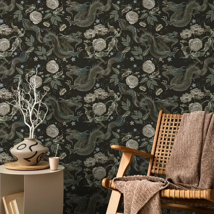 Chinoiserie Wallpaper With Embroidered Dragons And Roses In Green, Beige, And Blue – D881