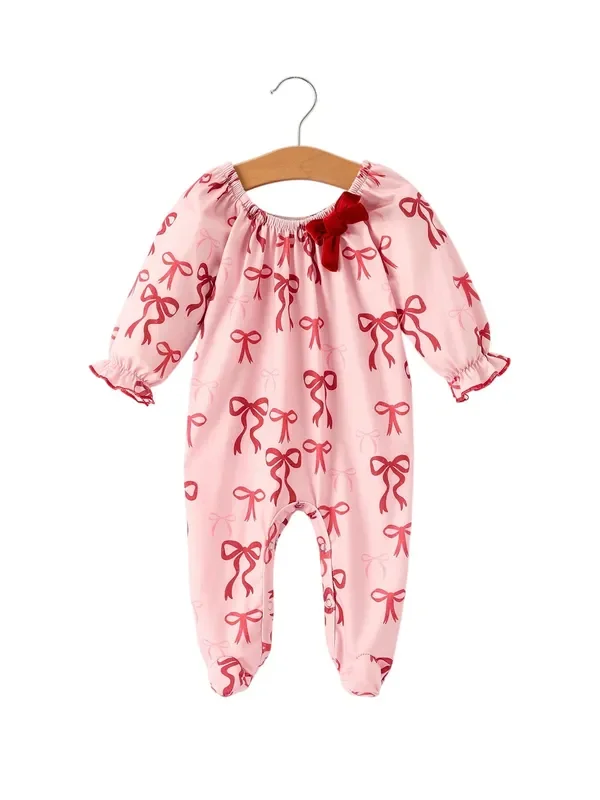 Christmas Bow Print Baby Girls Romper