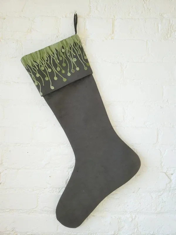 Christmas Stocking Flora Embroidered Cuff – Green And Grey- Linen