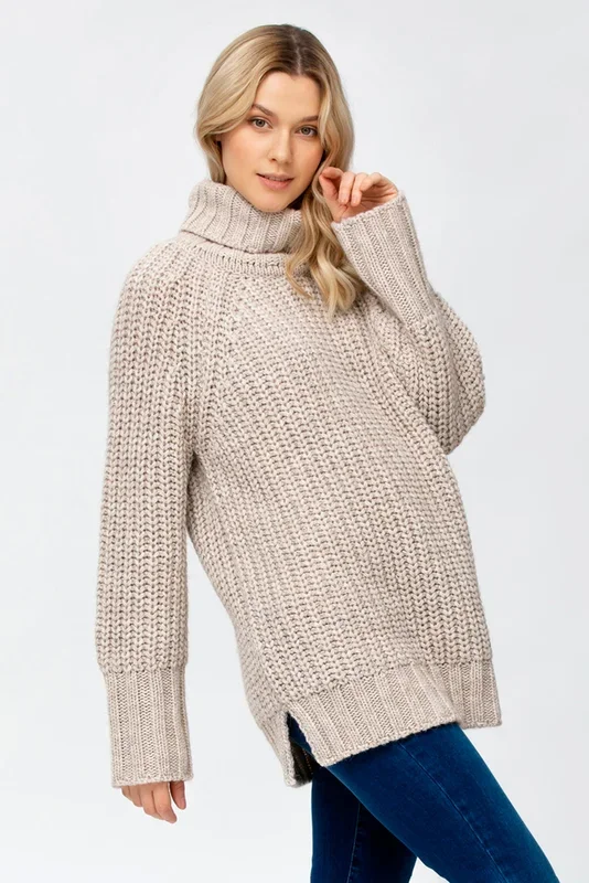 Chunky knit maternity sweater with roll neck, beige