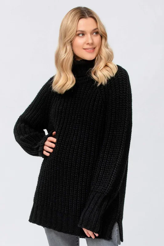 Chunky knit maternity sweater with roll neck, black