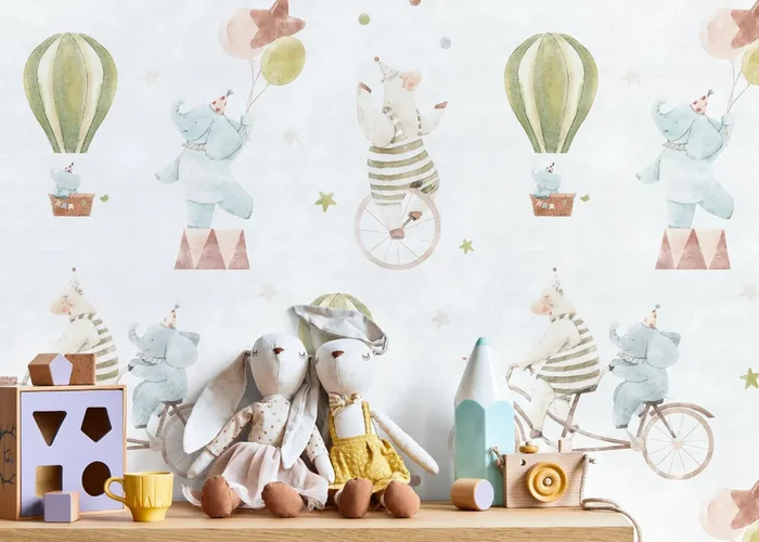 Circus Wallpaper With Watercolor Animals In Blue, Green, And Pink – D531