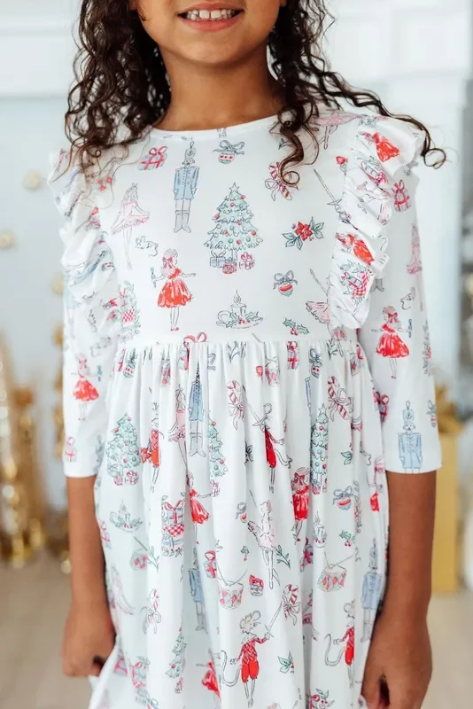Clara’s Christmas 3/4 Sleeve Ruffle Twirl Dress