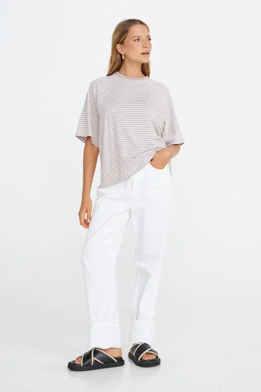Classique Stripe Box-Cut Tee – Stone / White