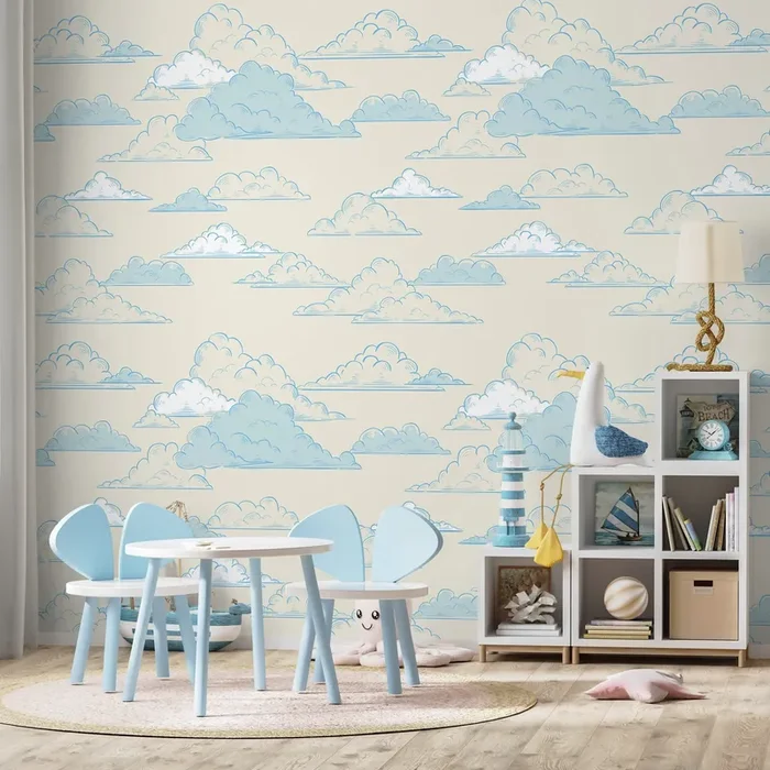 Clouds Wallpaper With A Hand-drawn Motif In Blue And Beige – A579