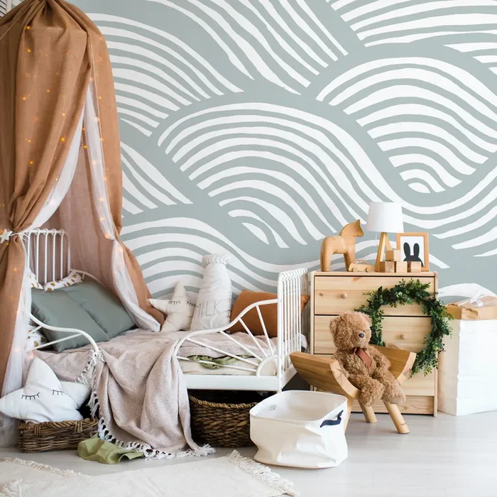 Coastal Wallpaper Featuring Abstract Rolling Waves In Pale Blue And White – C599