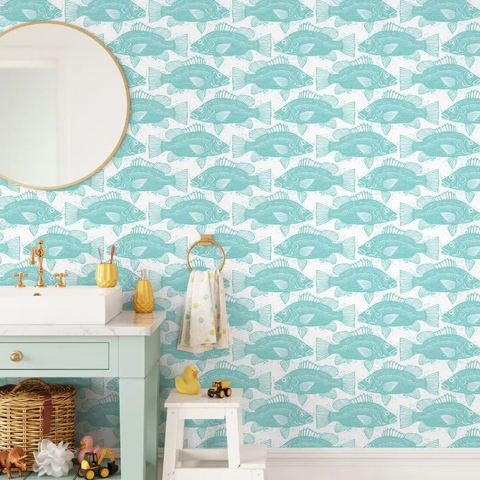 Coastal Wallpaper With A Block Print Fish Motif In Teal – B986