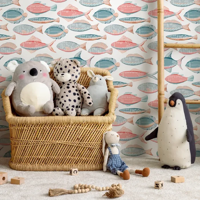 Coastal Wallpaper With A Folk Art Fish Motif In Coral, Blue, And Grey – B901