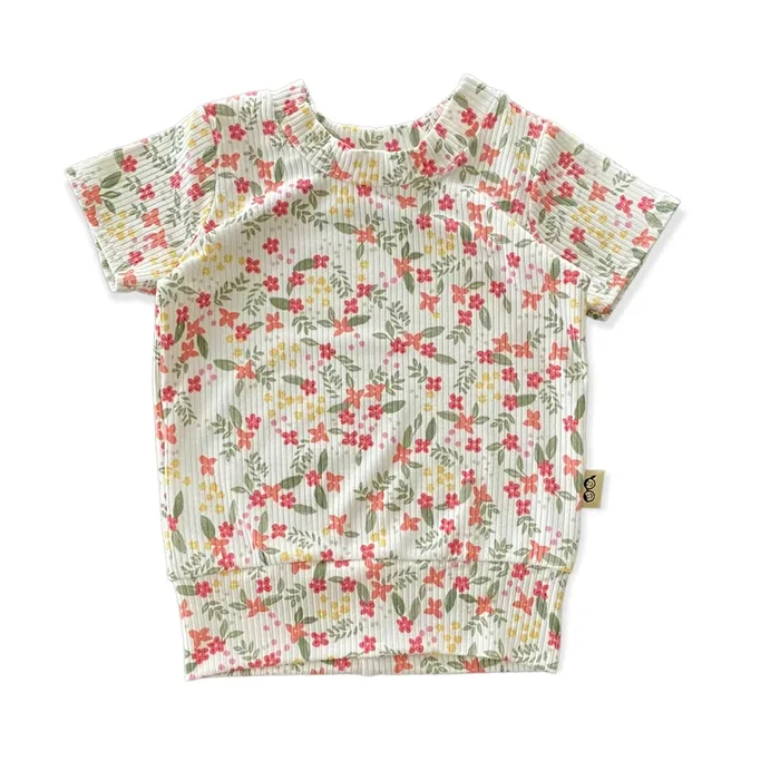 Colorful Dainty Flowers On White Ribbed Summer Lounge Top