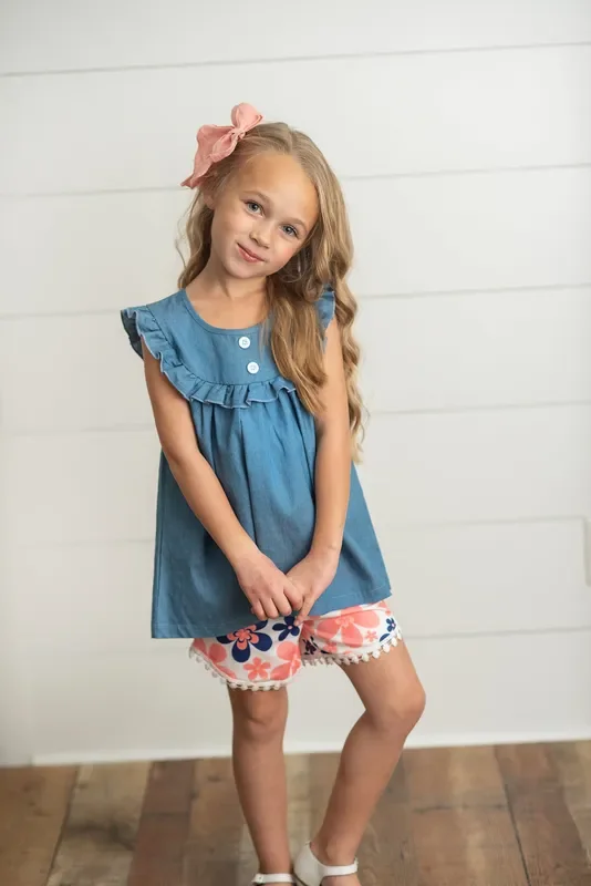 Coral Floral Jean Short Set