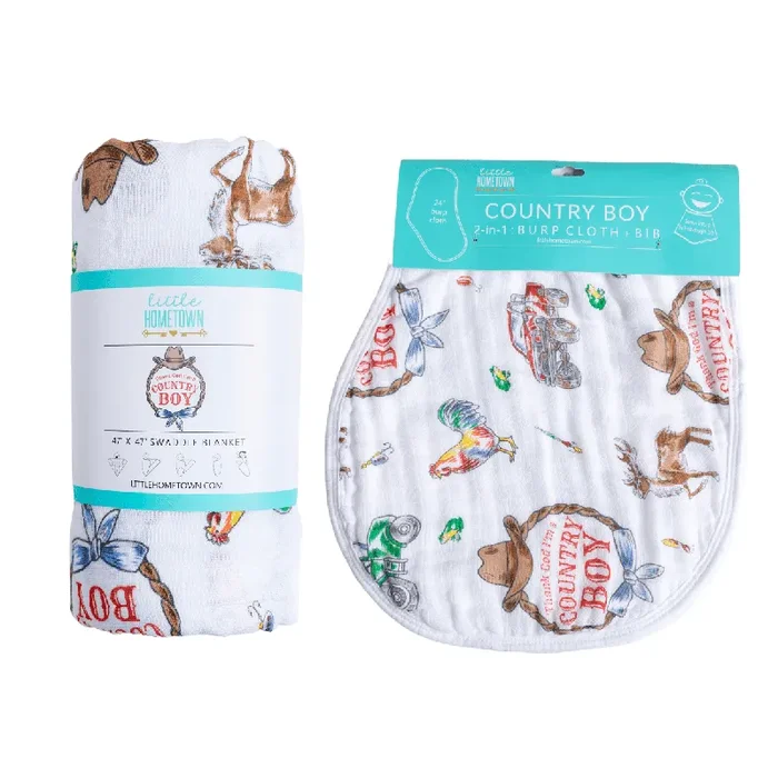 Country Boy Baby Giftset: Baby Swaddle Blanket And Burp/bib Combo