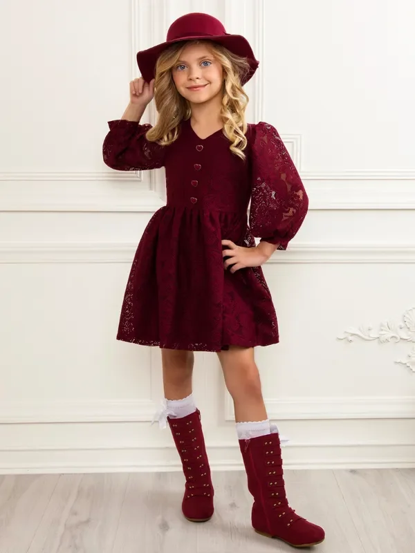 Cranberry Lace Puff Sleeve Dress