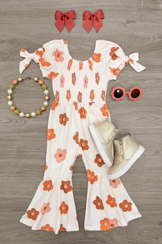 Cream Flower Print Flare Jumpsuit