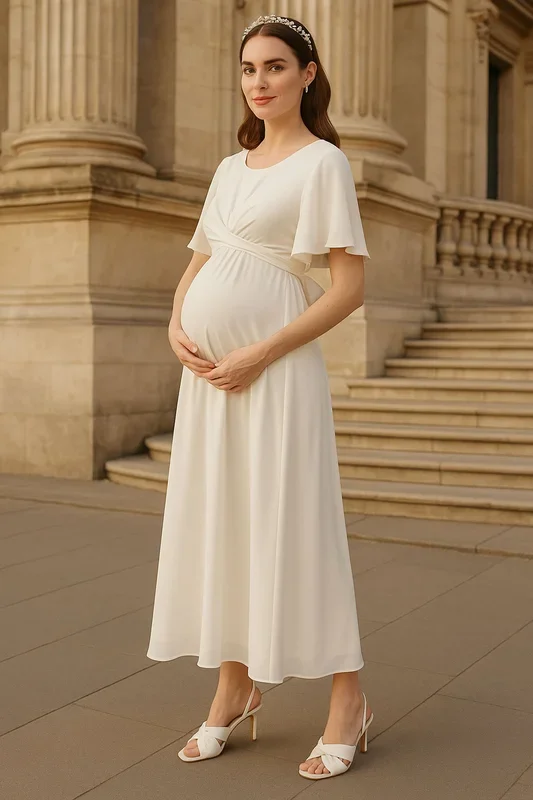 Crepe chiffon maternity wedding dress with crossover detail