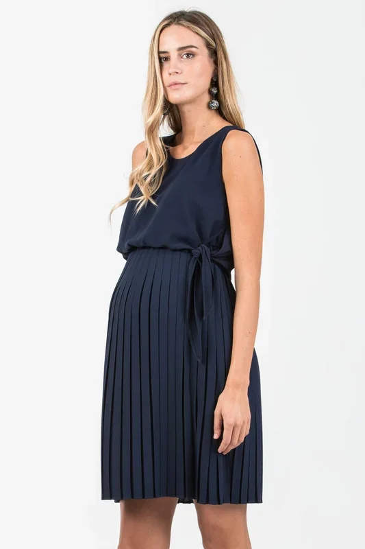 Crepe maternity and nursing dress with pleats, navy