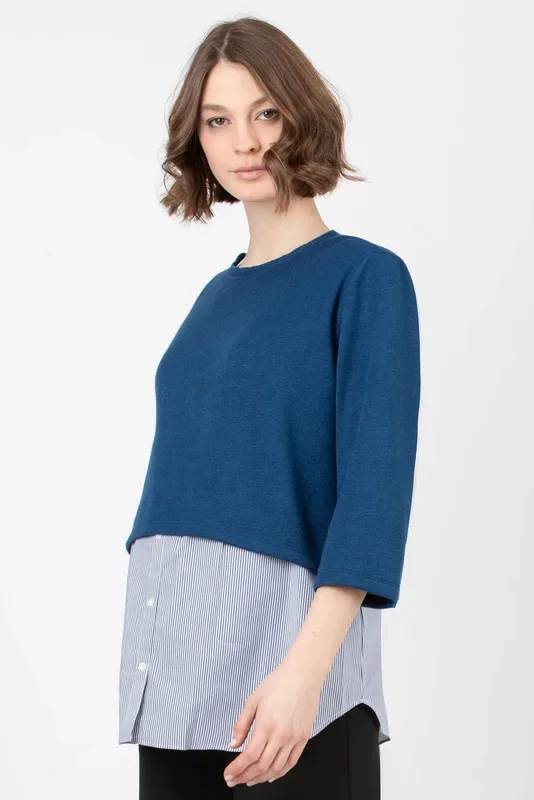 cropped maternity sweater with keyhole detail, blue