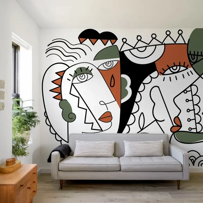 Cubism Wallpaper With Abstract Portraits In Black, Green, And Terracotta – D564