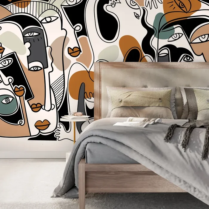 Cubism Wallpaper With Surreal Line Art Faces In Black And Terracotta – D587