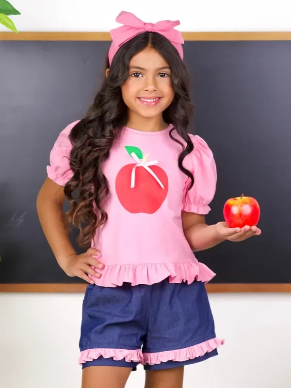 Cutest in Class Apple Top & Ruffle Denim Short Set