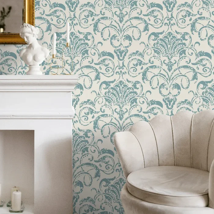 Damask Wallpaper With A Distressed Motif In Blue And Cream – B236