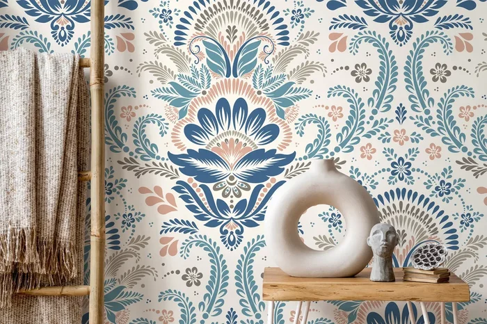 Damask Wallpaper With A Floral Folk Motif In Blue, Pink, And Taupe – D185