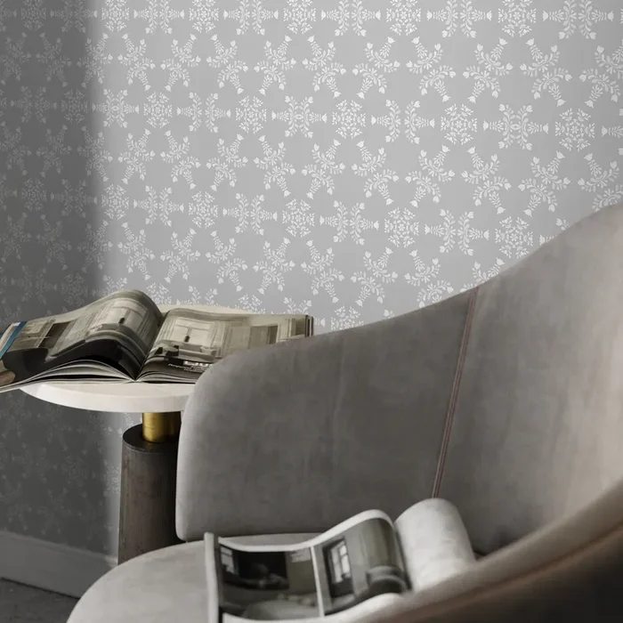 Damask Wallpaper With A Scandinavian Folk Art Motif In Gray And White – X063