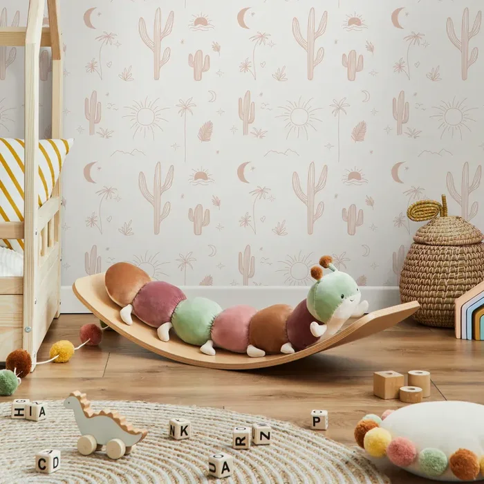 Desert Wallpaper With A Minimalist Cactus And Sun Motif In Light Terracotta – Zacb