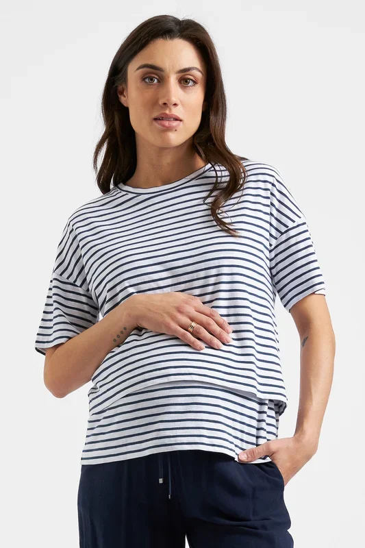 Double Layer Striped Maternity and Nursing Shirt navy/white